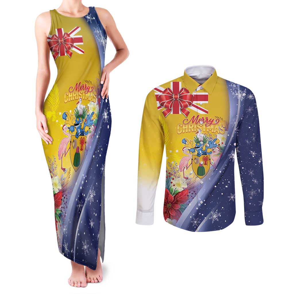 Turks And Caicos Islands Christmas Couples Matching Tank Maxi Dress and Long Sleeve Button Shirt Coquette Bow With Coat Of Arms - Wonder Print Shop