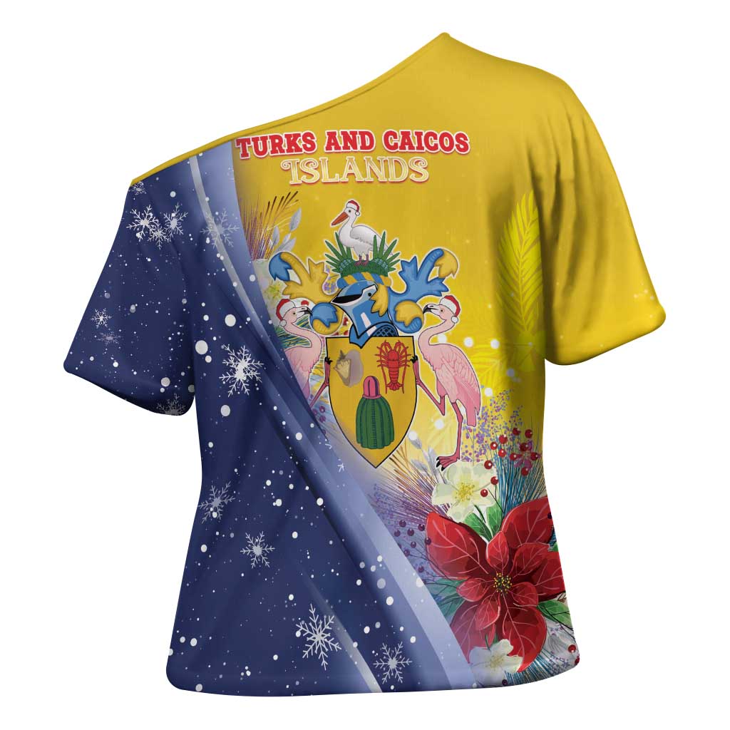 Turks And Caicos Islands Christmas Cross Shoulder Shirt Coquette Bow With Coat Of Arms - Wonder Print Shop