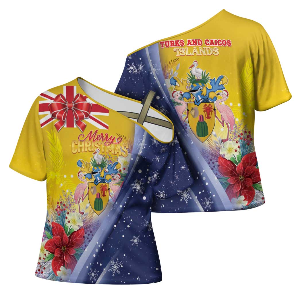Turks And Caicos Islands Christmas Cross Shoulder Shirt Coquette Bow With Coat Of Arms - Wonder Print Shop