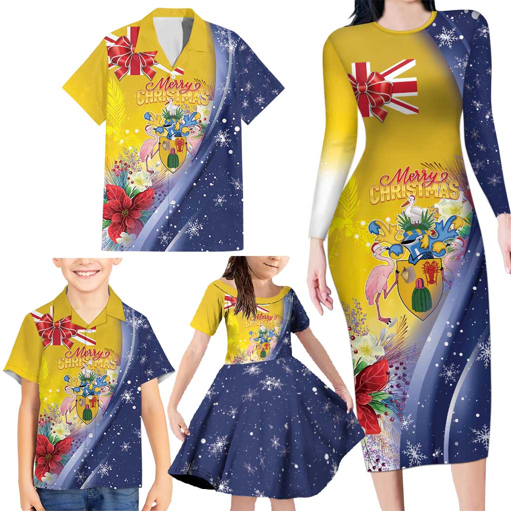 Turks And Caicos Islands Christmas Family Matching Long Sleeve Bodycon Dress and Hawaiian Shirt Coquette Bow With Coat Of Arms - Wonder Print Shop