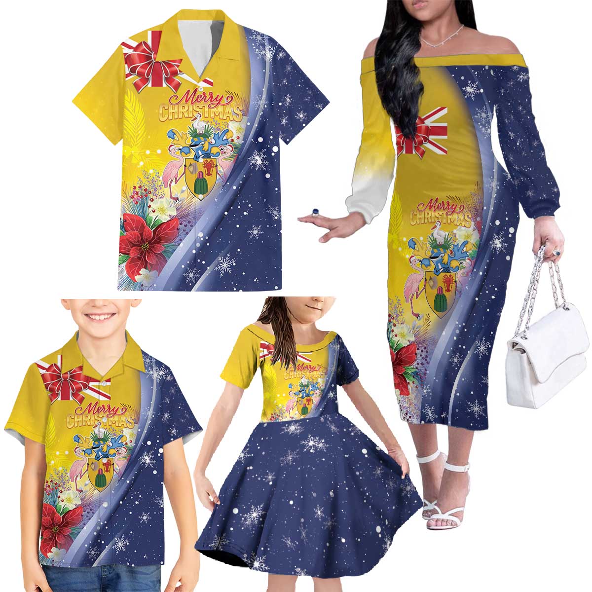 Turks And Caicos Islands Christmas Family Matching Off The Shoulder Long Sleeve Dress and Hawaiian Shirt Coquette Bow With Coat Of Arms - Wonder Print Shop