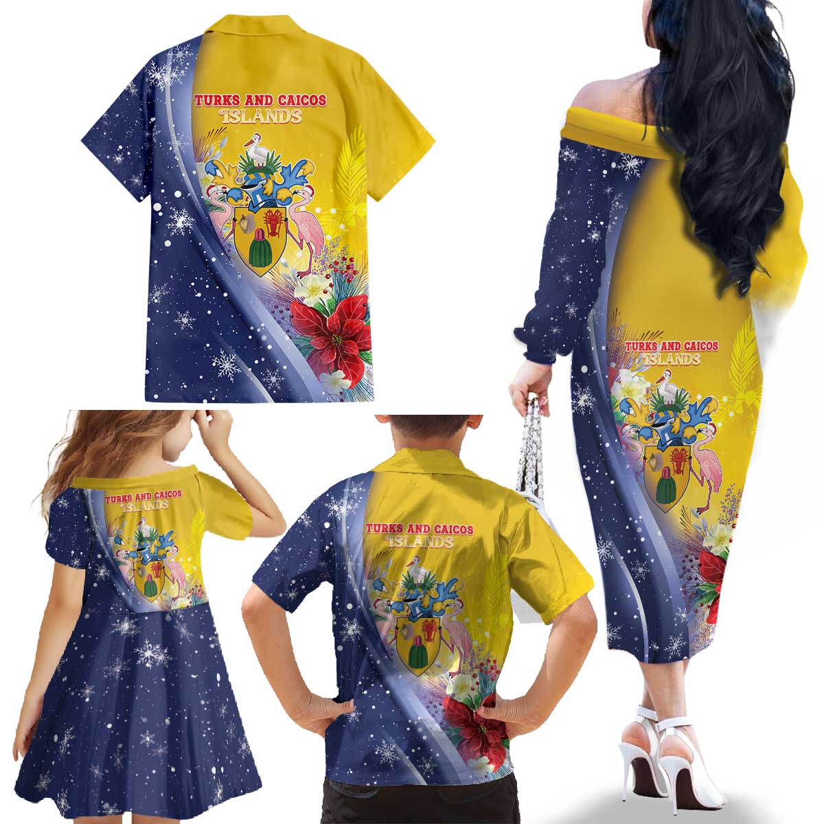 Turks And Caicos Islands Christmas Family Matching Off The Shoulder Long Sleeve Dress and Hawaiian Shirt Coquette Bow With Coat Of Arms - Wonder Print Shop