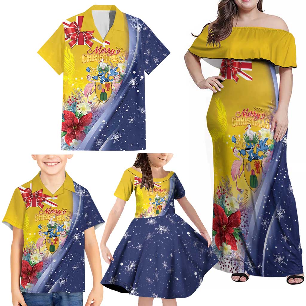 Turks And Caicos Islands Christmas Family Matching Off Shoulder Maxi Dress and Hawaiian Shirt Coquette Bow With Coat Of Arms - Wonder Print Shop