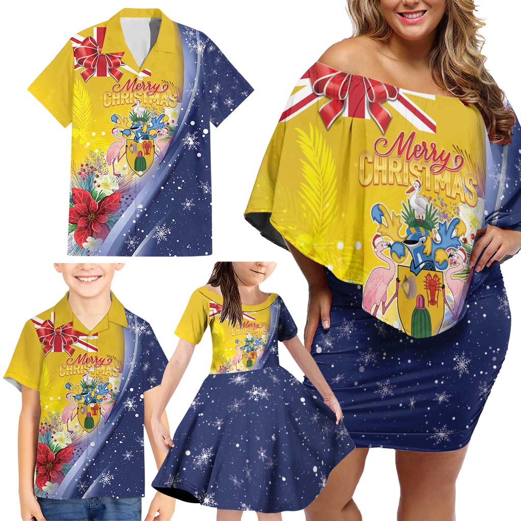 Turks And Caicos Islands Christmas Family Matching Off Shoulder Short Dress and Hawaiian Shirt Coquette Bow With Coat Of Arms - Wonder Print Shop