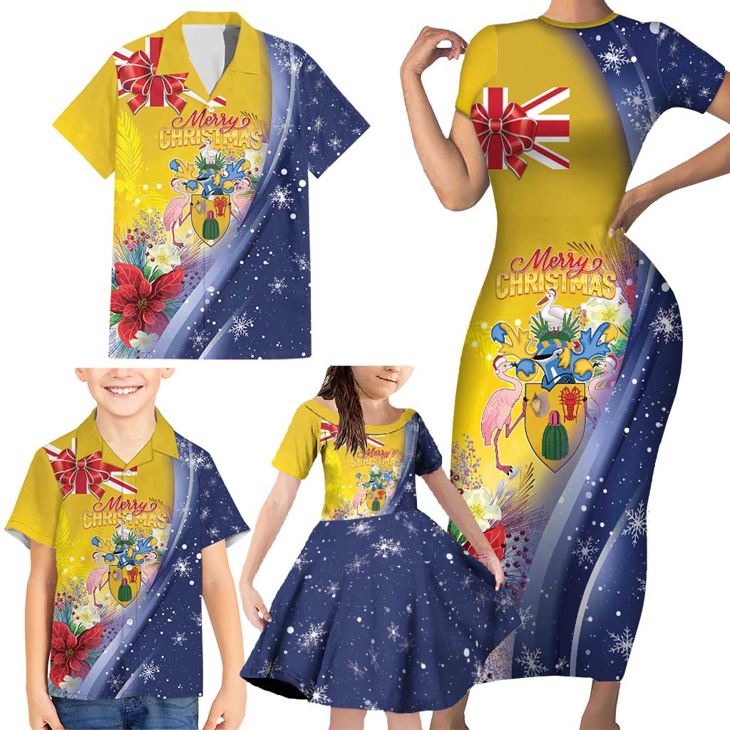 Turks And Caicos Islands Christmas Family Matching Short Sleeve Bodycon Dress and Hawaiian Shirt Coquette Bow With Coat Of Arms - Wonder Print Shop