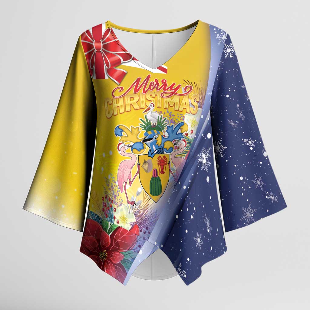 Turks And Caicos Islands Christmas Kimono Sleeve Blouse Coquette Bow With Coat Of Arms - Wonder Print Shop