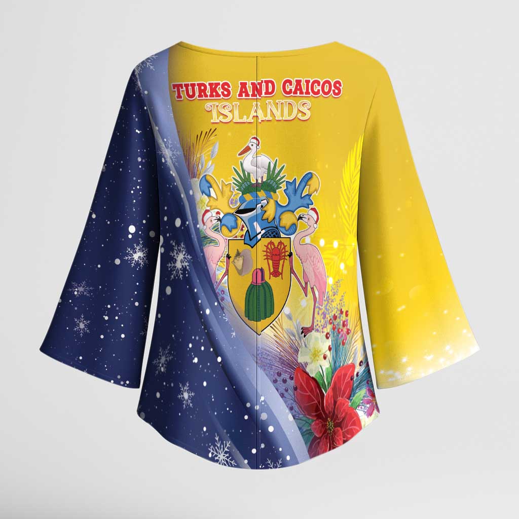 Turks And Caicos Islands Christmas Kimono Sleeve Blouse Coquette Bow With Coat Of Arms - Wonder Print Shop