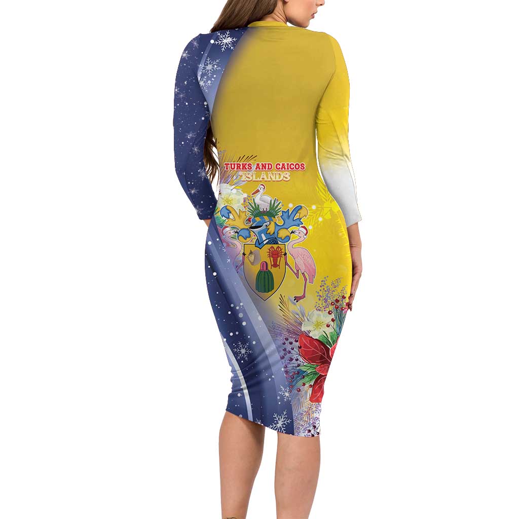 Turks And Caicos Islands Christmas Long Sleeve Bodycon Dress Coquette Bow With Coat Of Arms - Wonder Print Shop