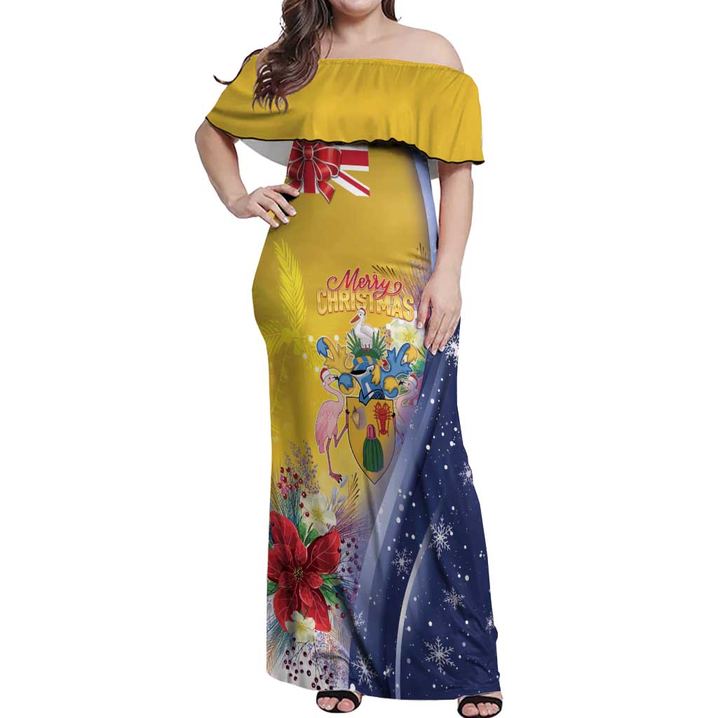 Turks And Caicos Islands Christmas Off Shoulder Maxi Dress Coquette Bow With Coat Of Arms - Wonder Print Shop