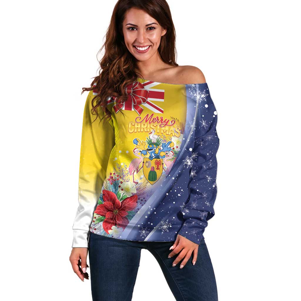 Turks And Caicos Islands Christmas Off Shoulder Sweater Coquette Bow With Coat Of Arms - Wonder Print Shop