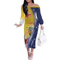 Turks And Caicos Islands Christmas Off The Shoulder Long Sleeve Dress Coquette Bow With Coat Of Arms - Wonder Print Shop