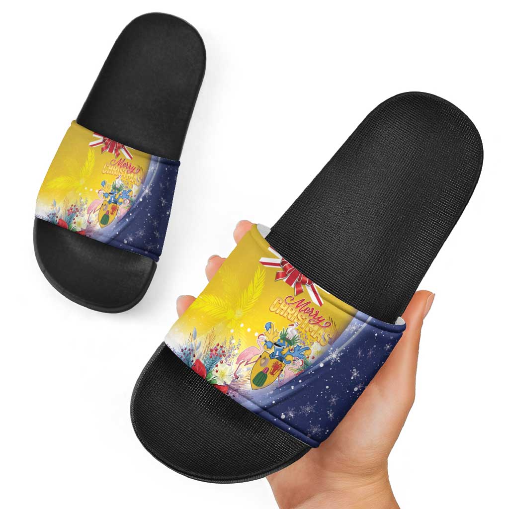 Turks And Caicos Islands Christmas Slide Sandals Coquette Bow With Coat Of Arms - Wonder Print Shop