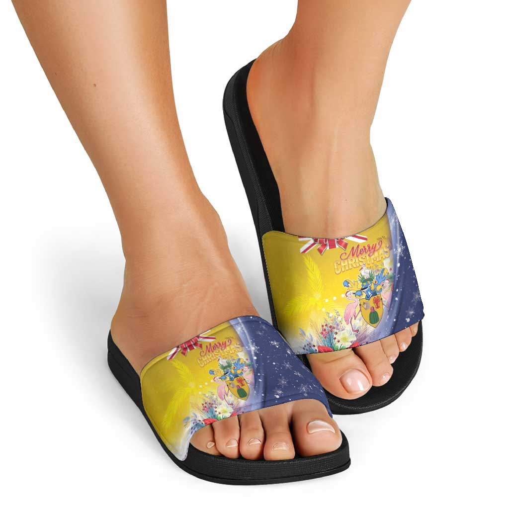 Turks And Caicos Islands Christmas Slide Sandals Coquette Bow With Coat Of Arms - Wonder Print Shop