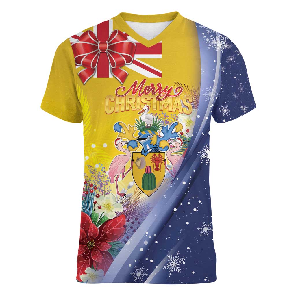 Turks And Caicos Islands Christmas Women V-Neck T-Shirt Coquette Bow With Coat Of Arms - Wonder Print Shop