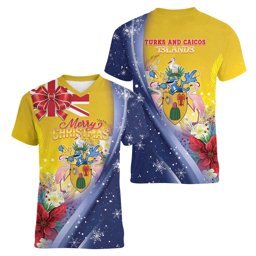 Turks And Caicos Islands Christmas Women V-Neck T-Shirt Coquette Bow With Coat Of Arms - Wonder Print Shop