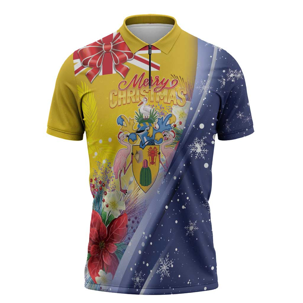 Turks And Caicos Islands Christmas Zipper Polo Shirt Coquette Bow With Coat Of Arms - Wonder Print Shop