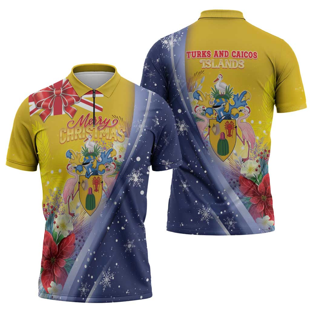 Turks And Caicos Islands Christmas Zipper Polo Shirt Coquette Bow With Coat Of Arms - Wonder Print Shop