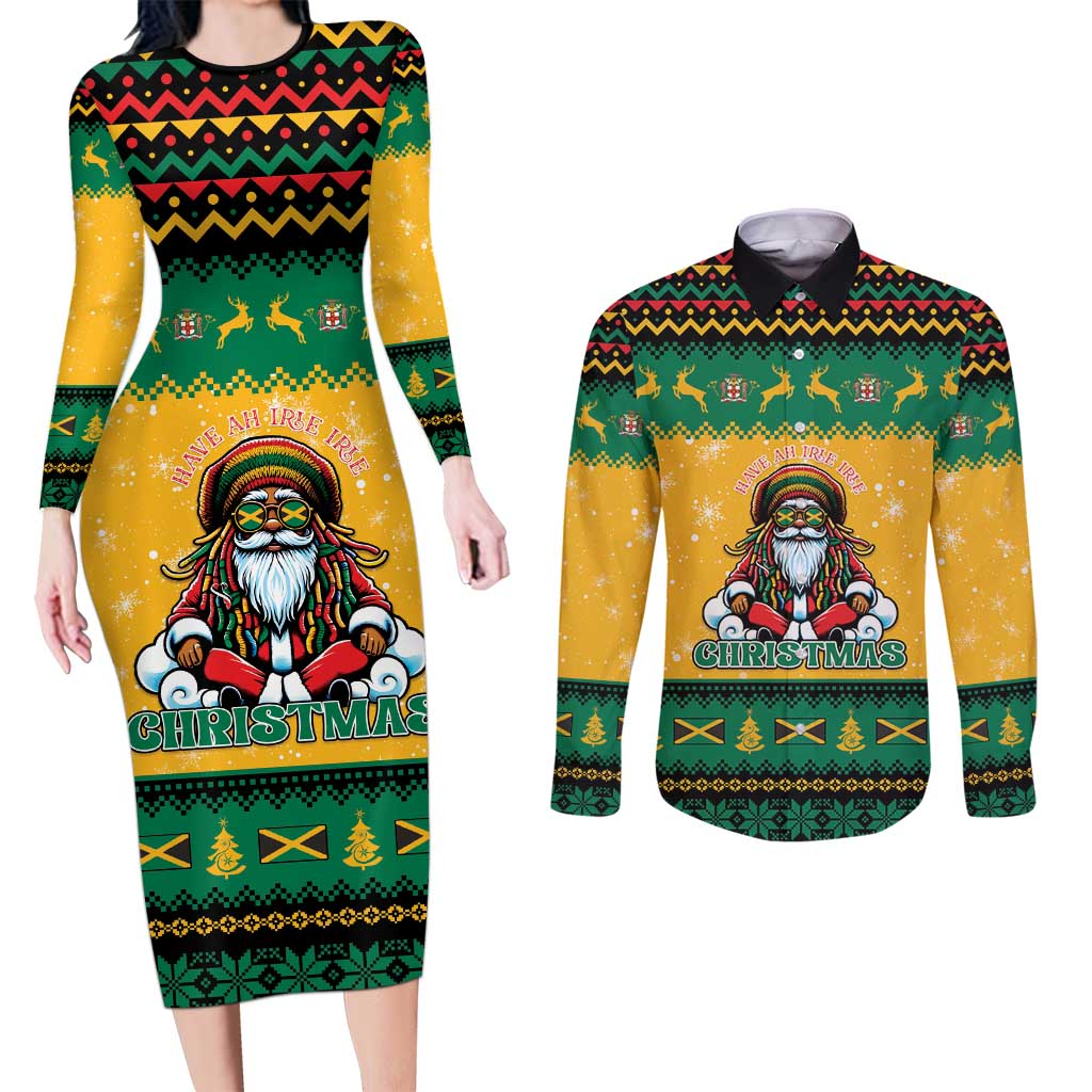 Jamaica Christmas Couples Matching Long Sleeve Bodycon Dress and Long Sleeve Button Shirt Have Ah Irie Irie Christmas - Wonder Print Shop