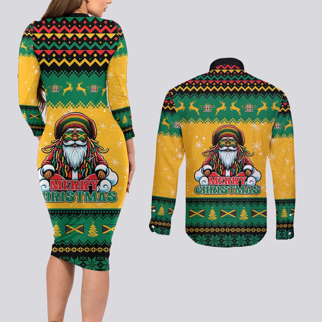 Jamaica Christmas Couples Matching Long Sleeve Bodycon Dress and Long Sleeve Button Shirt Have Ah Irie Irie Christmas - Wonder Print Shop