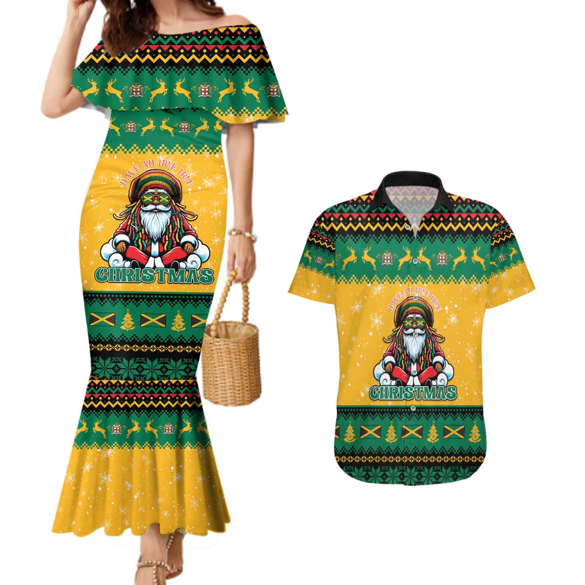 Jamaica Christmas Couples Matching Mermaid Dress and Hawaiian Shirt Have Ah Irie Irie Christmas - Wonder Print Shop
