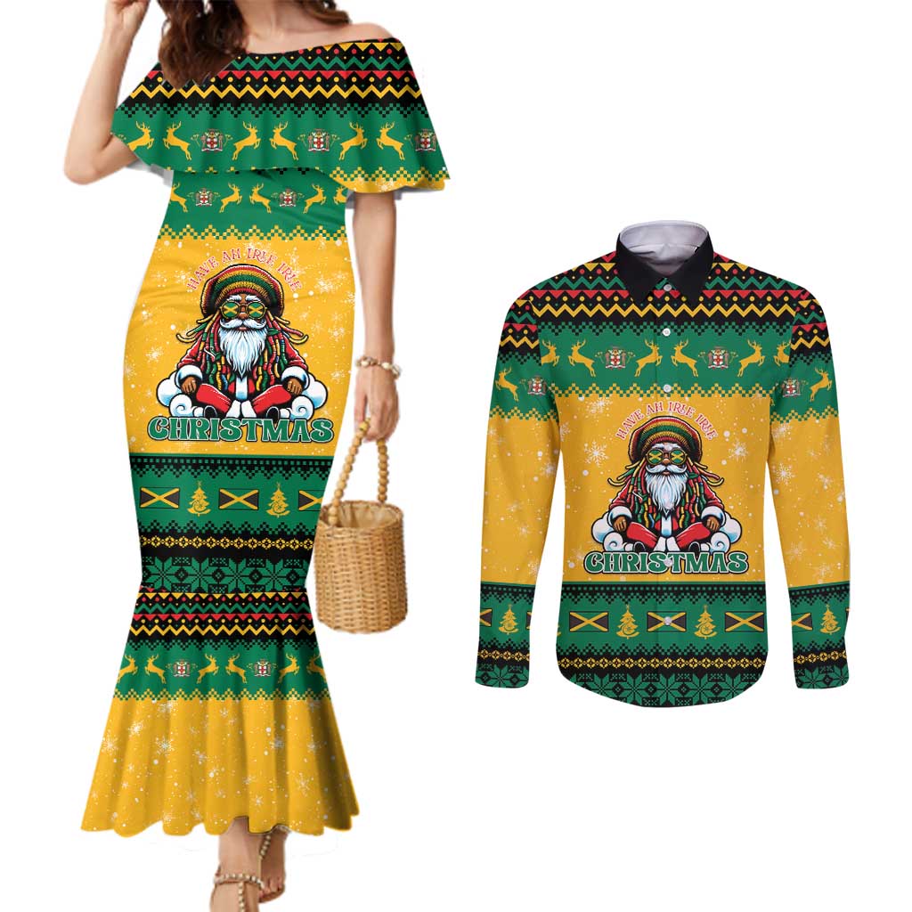 Jamaica Christmas Couples Matching Mermaid Dress and Long Sleeve Button Shirt Have Ah Irie Irie Christmas - Wonder Print Shop