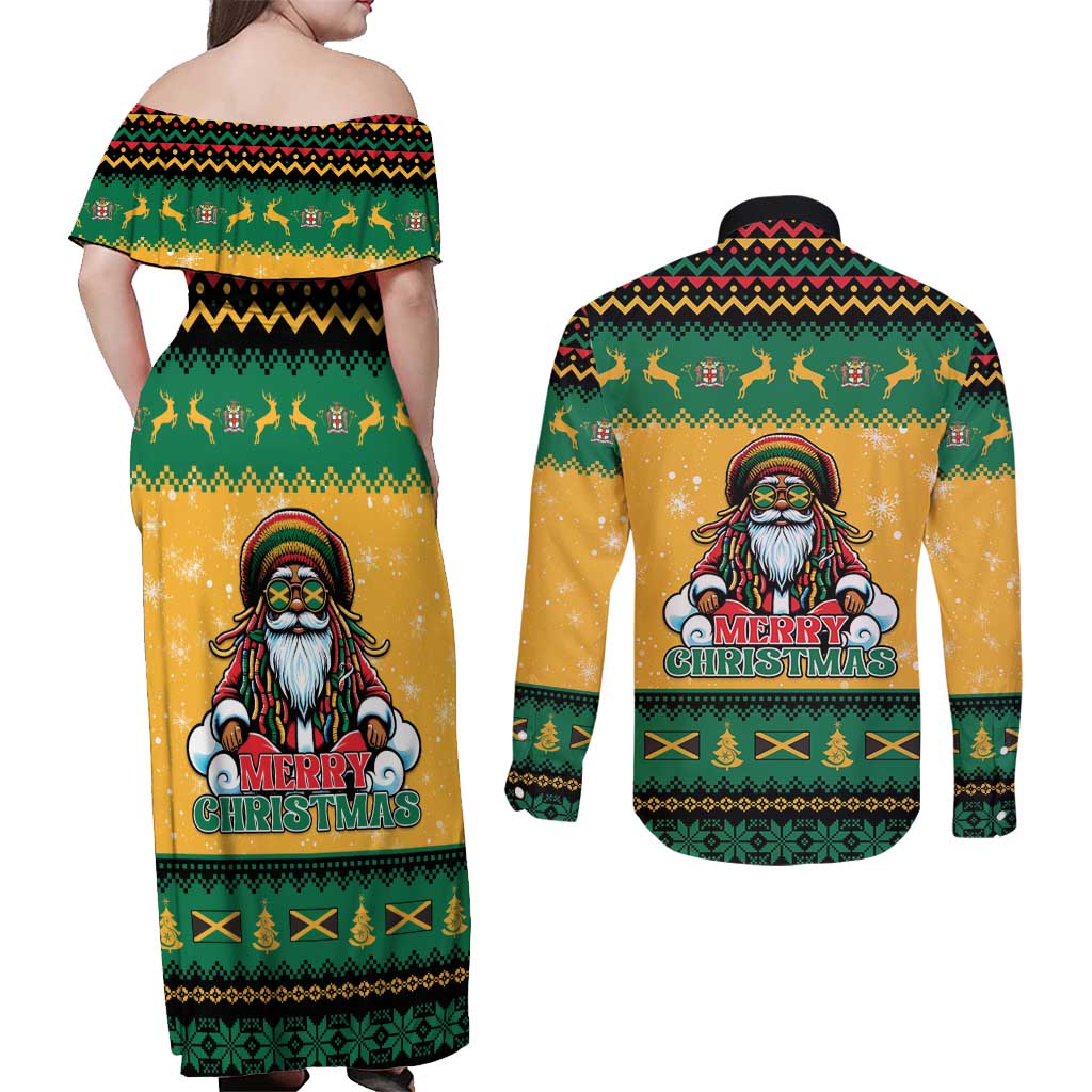 Jamaica Christmas Couples Matching Off Shoulder Maxi Dress and Long Sleeve Button Shirt Have Ah Irie Irie Christmas - Wonder Print Shop