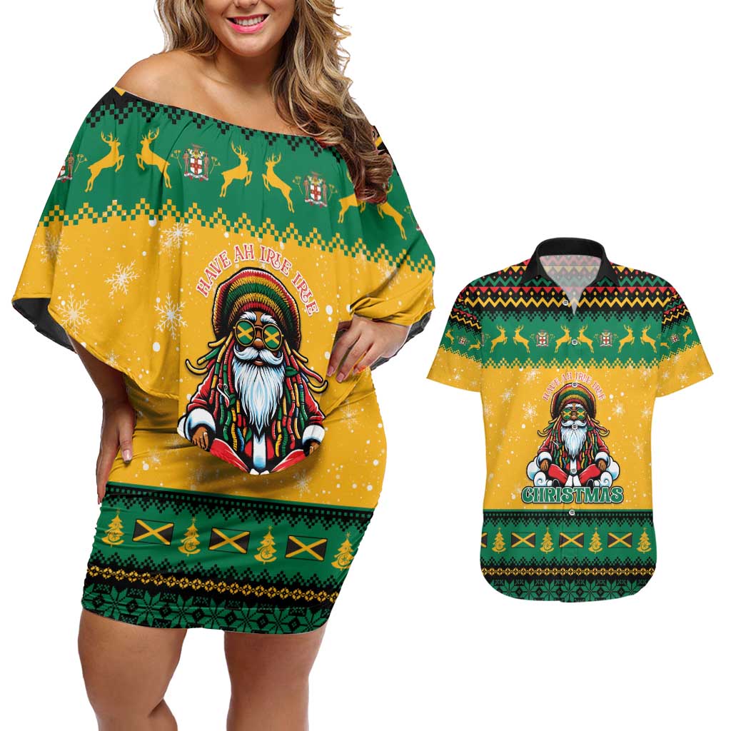 Jamaica Christmas Couples Matching Off Shoulder Short Dress and Hawaiian Shirt Have Ah Irie Irie Christmas - Wonder Print Shop