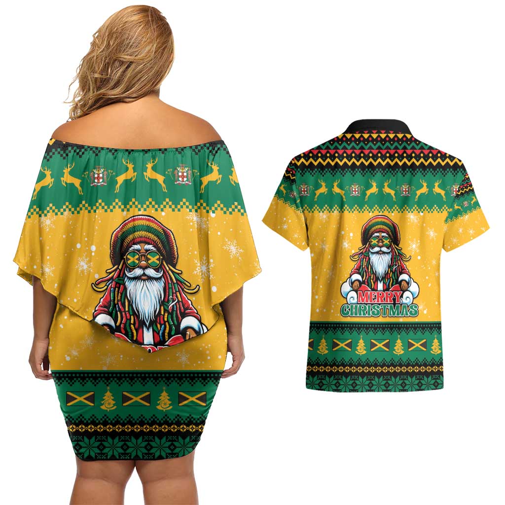Jamaica Christmas Couples Matching Off Shoulder Short Dress and Hawaiian Shirt Have Ah Irie Irie Christmas - Wonder Print Shop