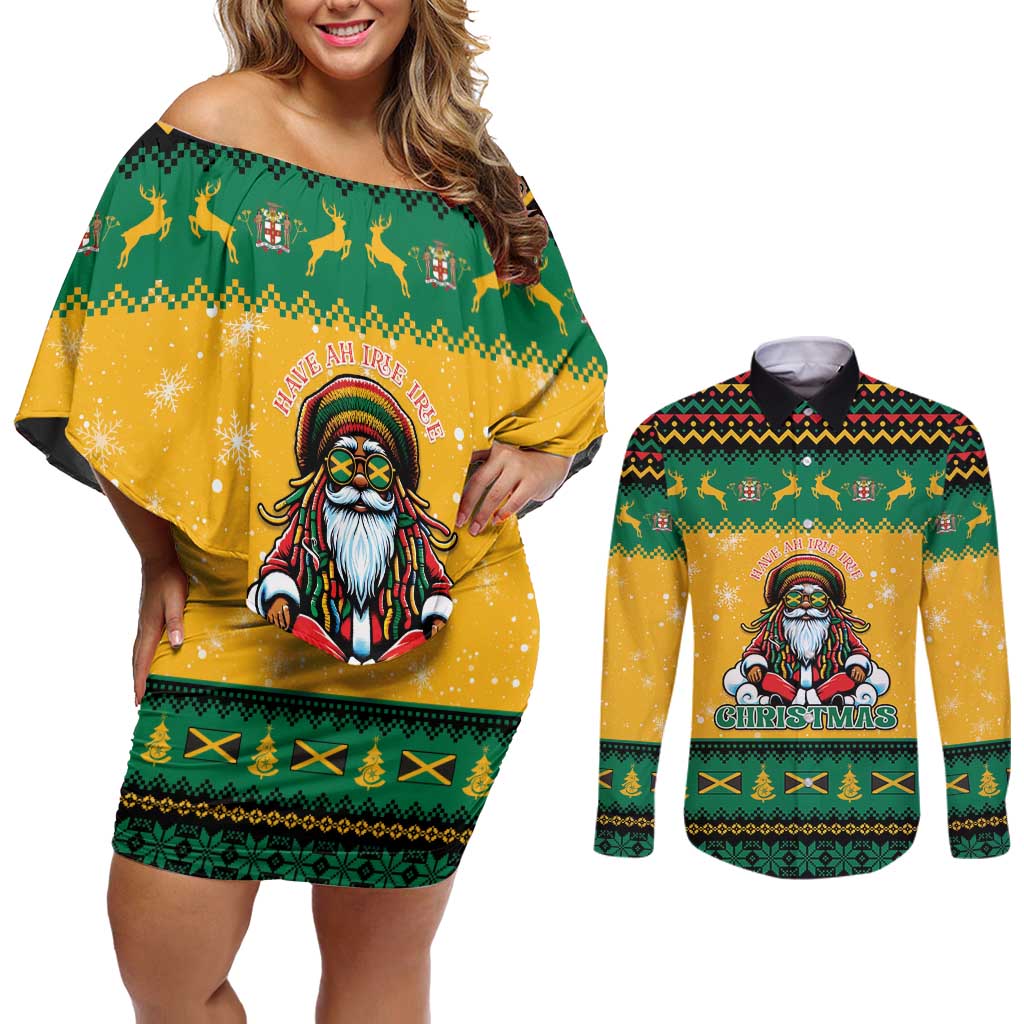 Jamaica Christmas Couples Matching Off Shoulder Short Dress and Long Sleeve Button Shirt Have Ah Irie Irie Christmas - Wonder Print Shop