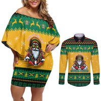 Jamaica Christmas Couples Matching Off Shoulder Short Dress and Long Sleeve Button Shirt Have Ah Irie Irie Christmas - Wonder Print Shop
