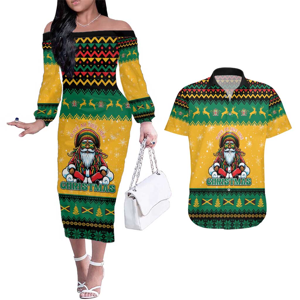 Jamaica Christmas Couples Matching Off The Shoulder Long Sleeve Dress and Hawaiian Shirt Have Ah Irie Irie Christmas - Wonder Print Shop