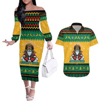 Jamaica Christmas Couples Matching Off The Shoulder Long Sleeve Dress and Hawaiian Shirt Have Ah Irie Irie Christmas - Wonder Print Shop