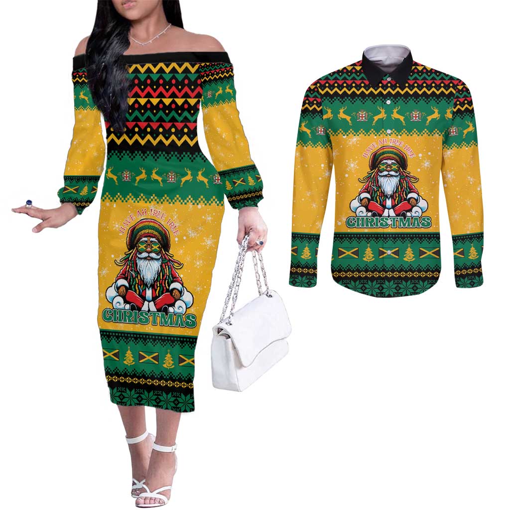 Jamaica Christmas Couples Matching Off The Shoulder Long Sleeve Dress and Long Sleeve Button Shirt Have Ah Irie Irie Christmas - Wonder Print Shop