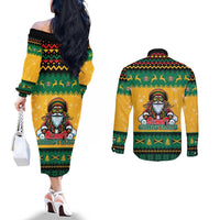 Jamaica Christmas Couples Matching Off The Shoulder Long Sleeve Dress and Long Sleeve Button Shirt Have Ah Irie Irie Christmas - Wonder Print Shop