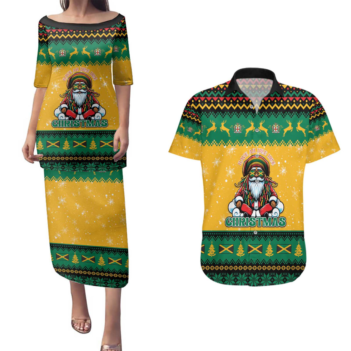 Jamaica Christmas Couples Matching Puletasi and Hawaiian Shirt Have Ah Irie Irie Christmas - Wonder Print Shop