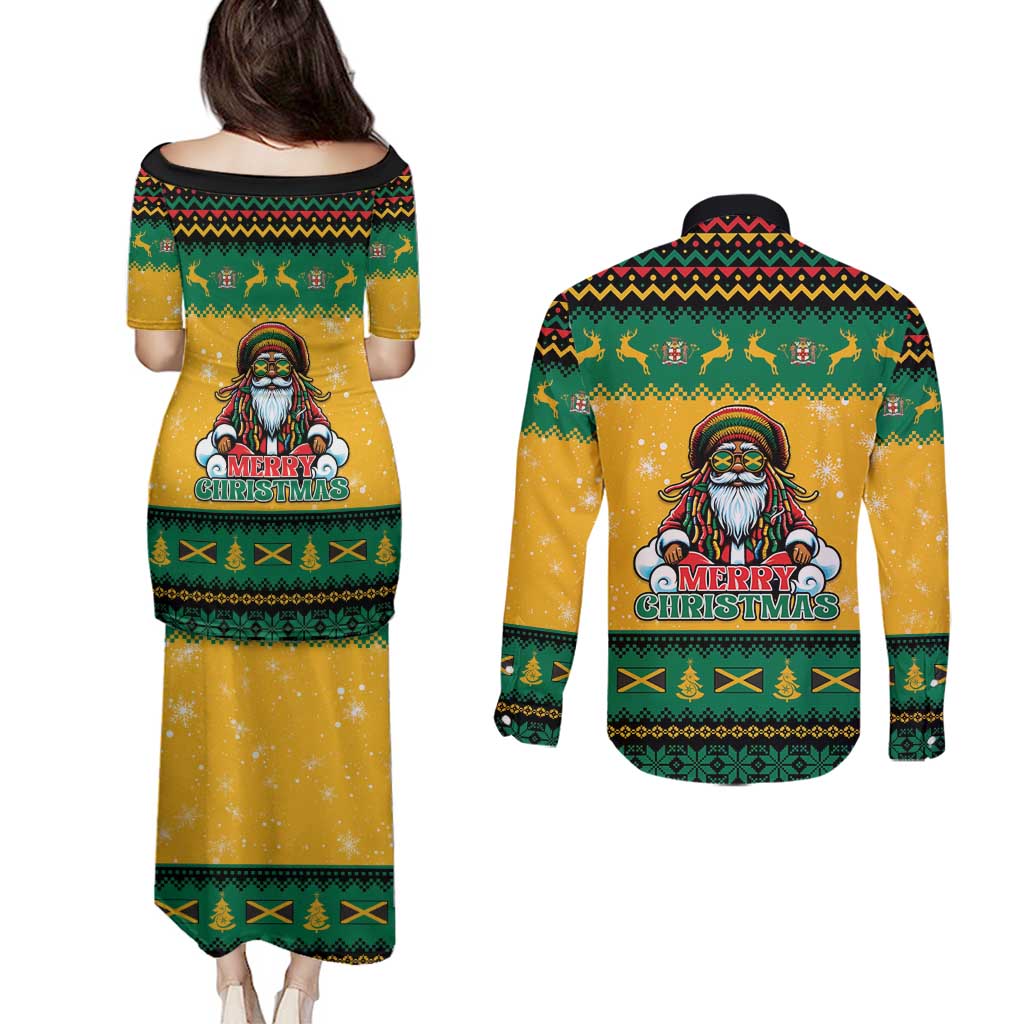 Jamaica Christmas Couples Matching Puletasi and Long Sleeve Button Shirt Have Ah Irie Irie Christmas - Wonder Print Shop