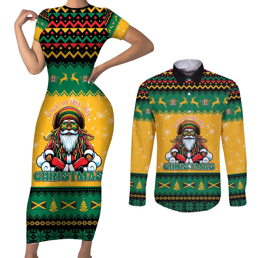 Jamaica Christmas Couples Matching Short Sleeve Bodycon Dress and Long Sleeve Button Shirt Have Ah Irie Irie Christmas - Wonder Print Shop