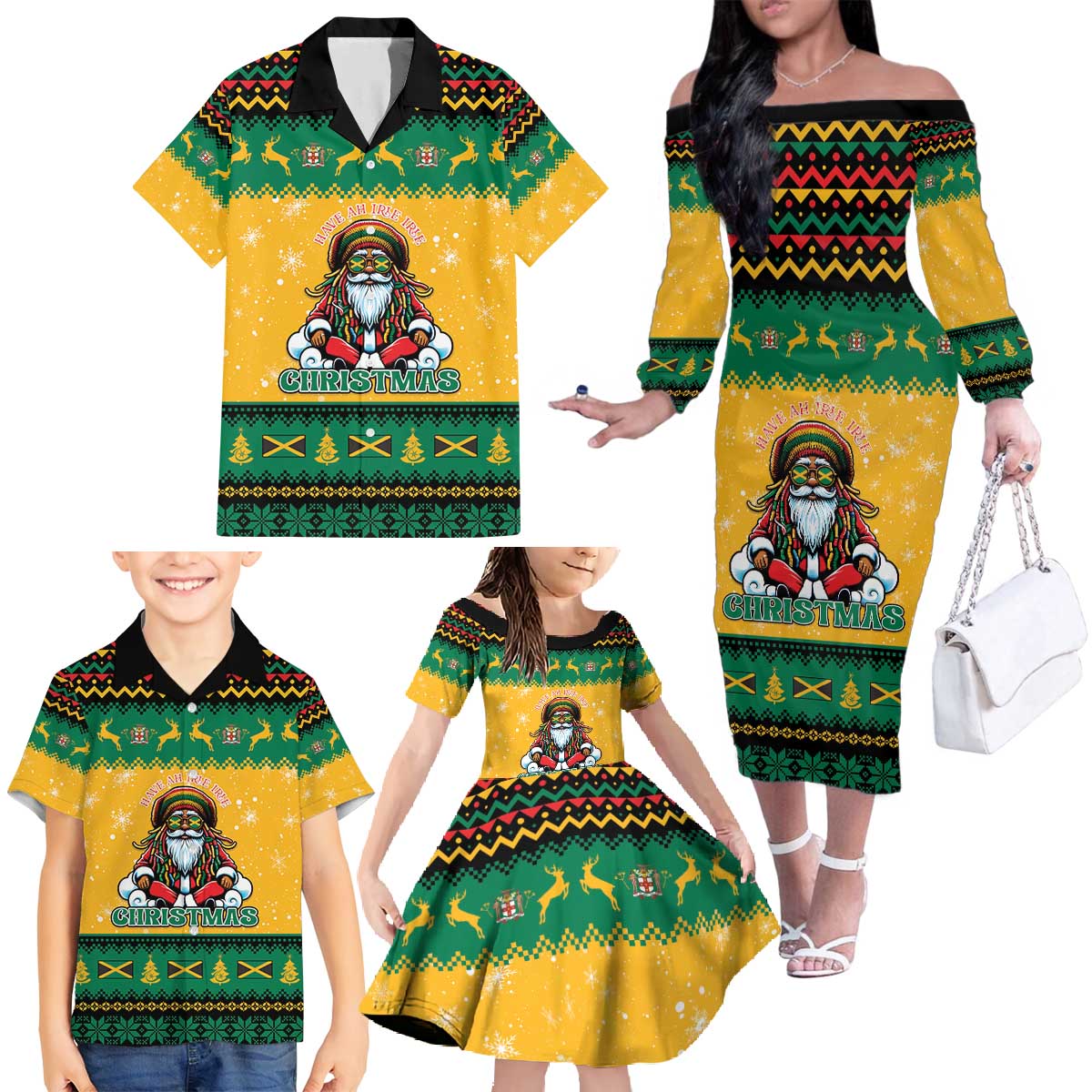 Jamaica Christmas Family Matching Off The Shoulder Long Sleeve Dress and Hawaiian Shirt Have Ah Irie Irie Christmas - Wonder Print Shop