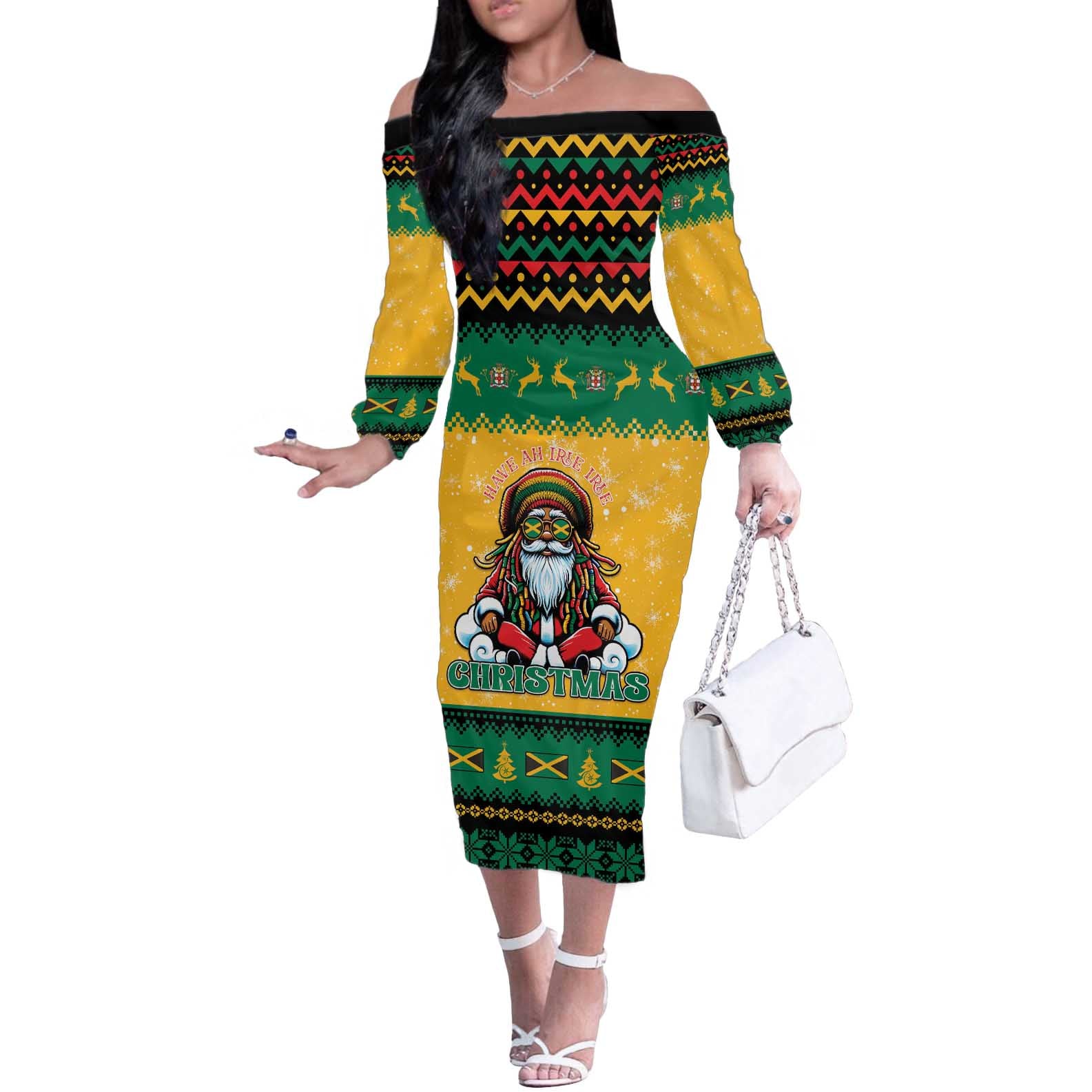 Jamaica Christmas Off The Shoulder Long Sleeve Dress Have Ah Irie Irie Christmas - Wonder Print Shop