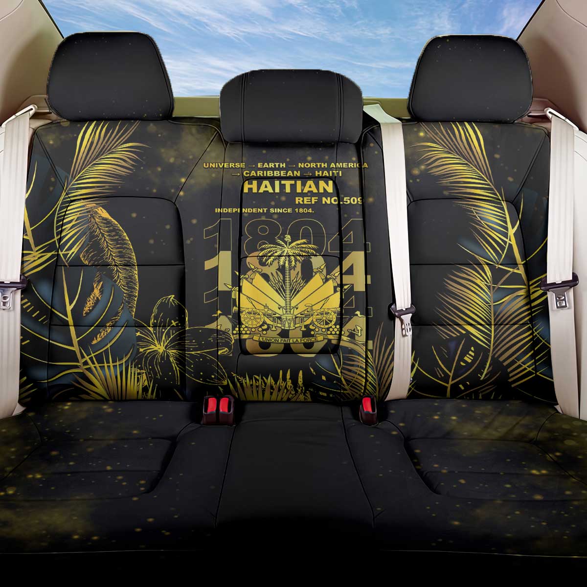Haiti 1804 Back Car Seat Cover Gold Tropical Leaves And Coat Of Arms - Wonder Print Shop