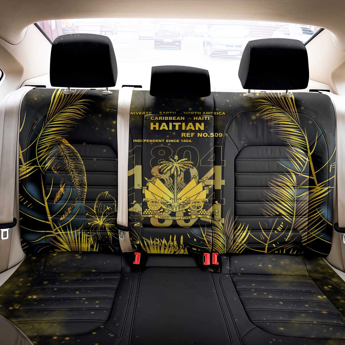 Haiti 1804 Back Car Seat Cover Gold Tropical Leaves And Coat Of Arms - Wonder Print Shop