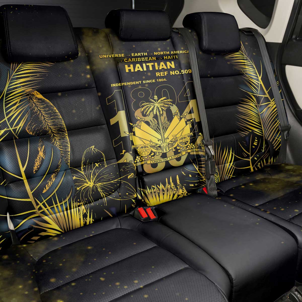 Haiti 1804 Back Car Seat Cover Gold Tropical Leaves And Coat Of Arms - Wonder Print Shop