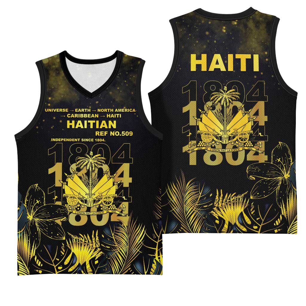Haiti 1804 Basketball Jersey Gold Tropical Leaves And Coat Of Arms - Wonder Print Shop