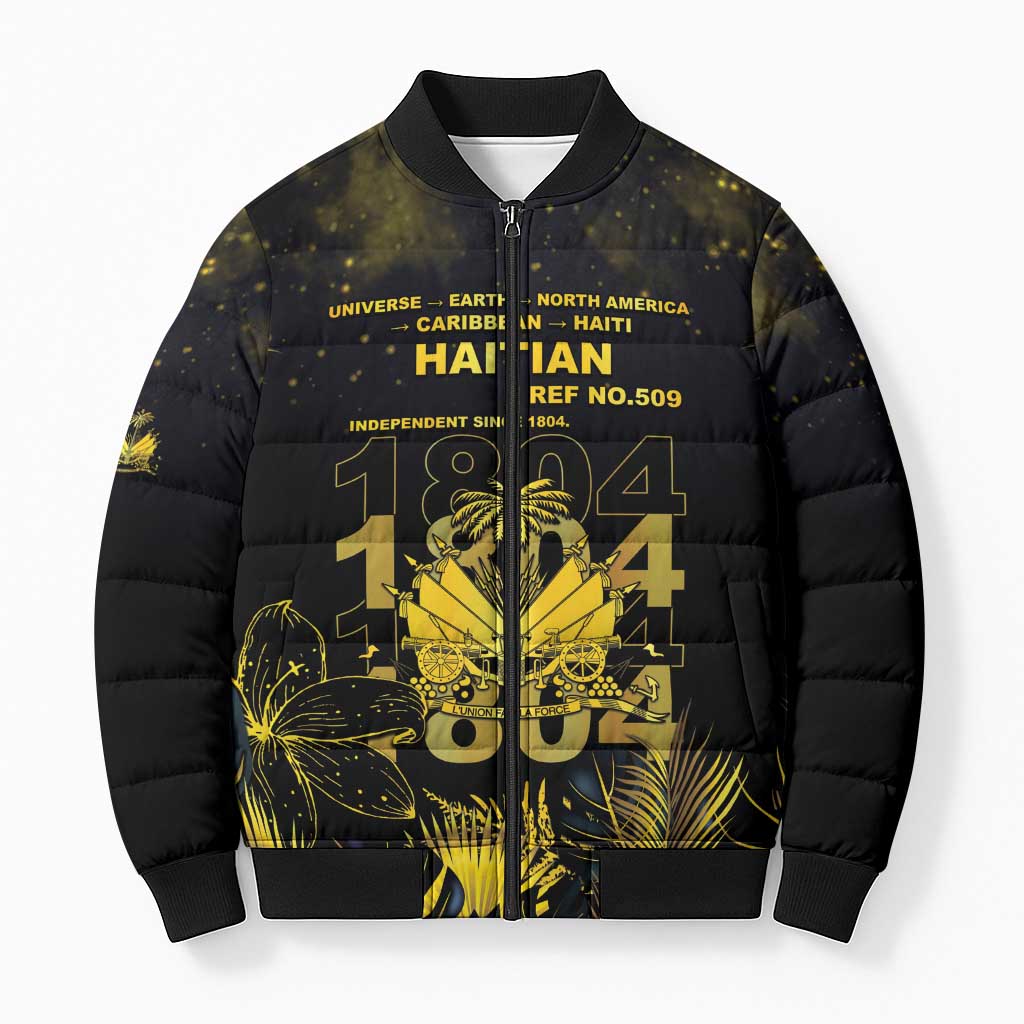 Haiti 1804 Bomber Puffer Jacket Gold Tropical Leaves And Coat Of Arms - Wonder Print Shop