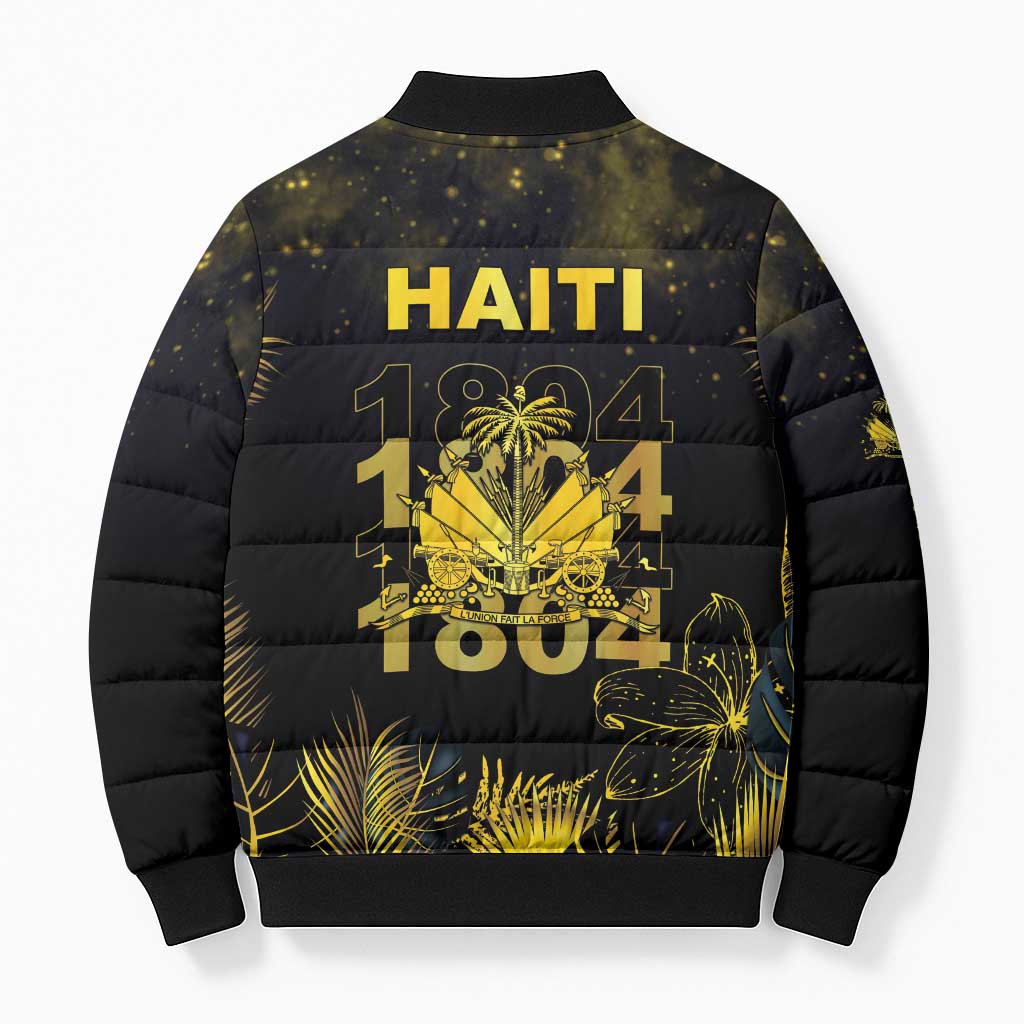 Haiti 1804 Bomber Puffer Jacket Gold Tropical Leaves And Coat Of Arms - Wonder Print Shop