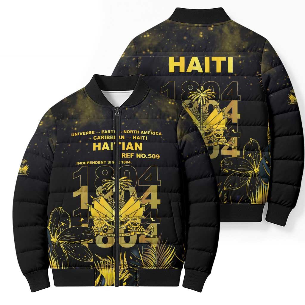 Haiti 1804 Bomber Puffer Jacket Gold Tropical Leaves And Coat Of Arms - Wonder Print Shop