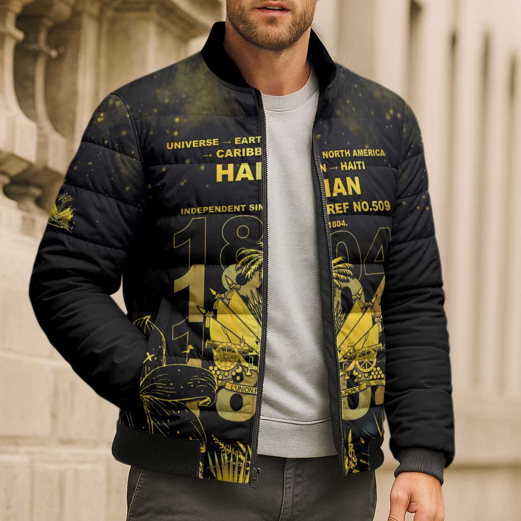 Haiti 1804 Bomber Puffer Jacket Gold Tropical Leaves And Coat Of Arms - Wonder Print Shop