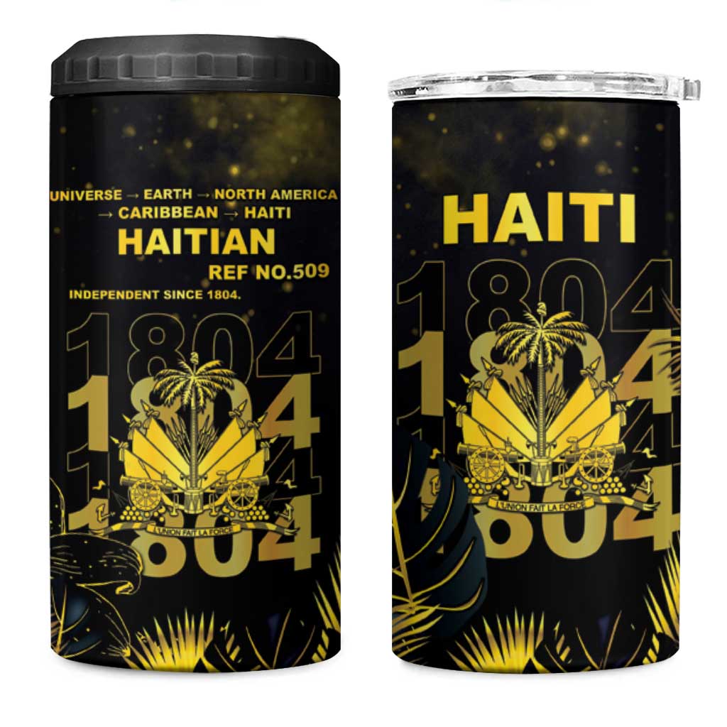 Haiti 1804 4 in 1 Can Cooler Tumbler Gold Tropical Leaves And Coat Of Arms - Wonder Print Shop