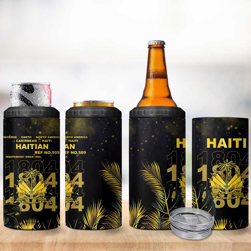 Haiti 1804 4 in 1 Can Cooler Tumbler Gold Tropical Leaves And Coat Of Arms - Wonder Print Shop