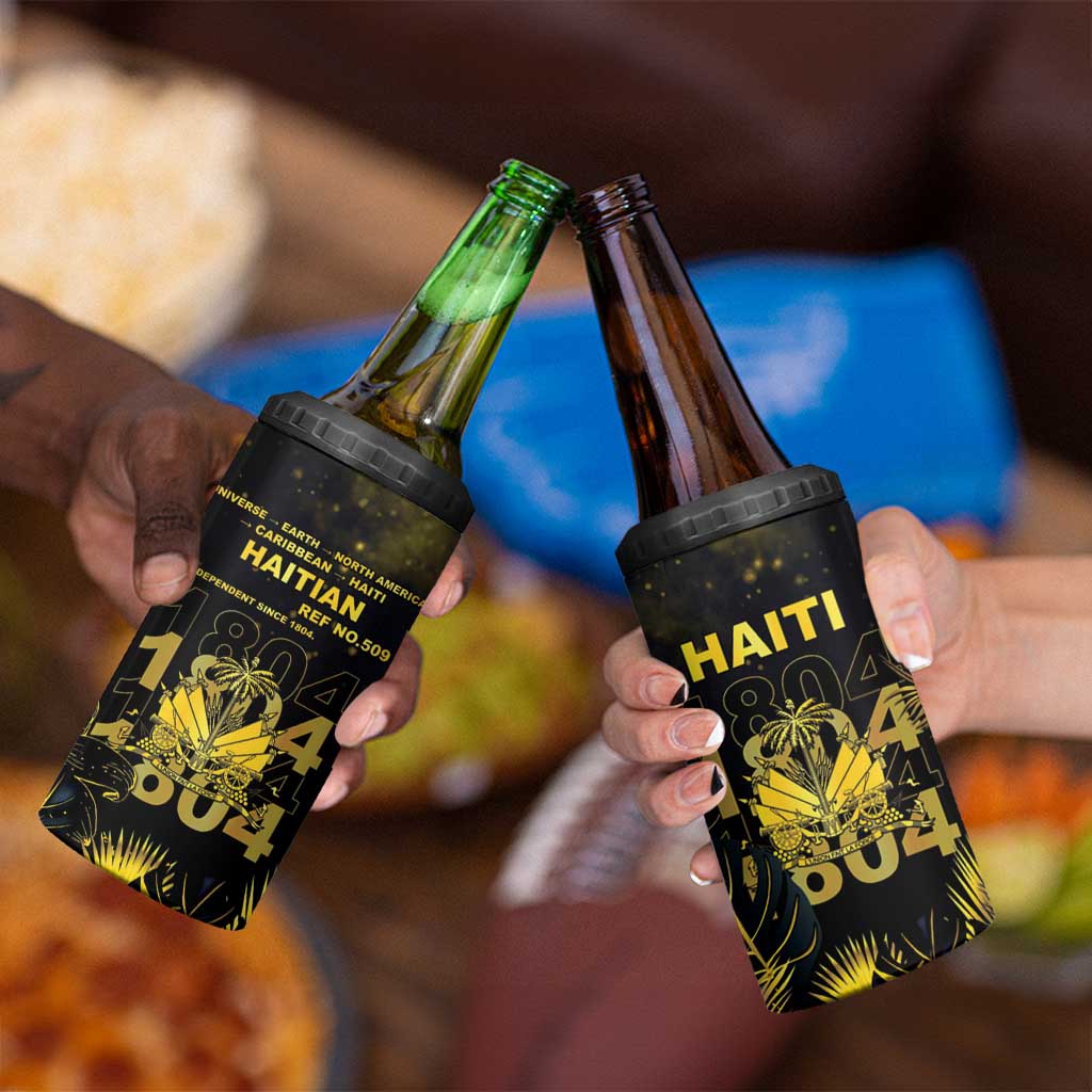 Haiti 1804 4 in 1 Can Cooler Tumbler Gold Tropical Leaves And Coat Of Arms - Wonder Print Shop